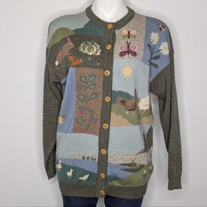 Vintage Tulchan Chicken Rabbit Farm Floral Cottagecore Button Up Wool Sweater M